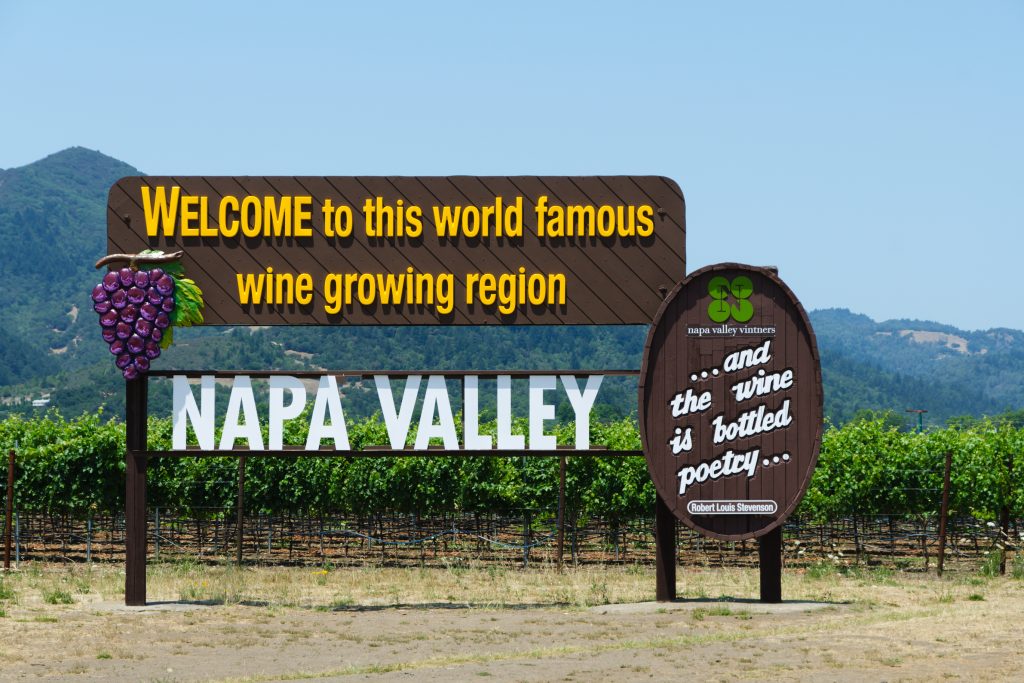 Napa Valley Sign outside of Vineyard says Welcome to this world famous wine growing region