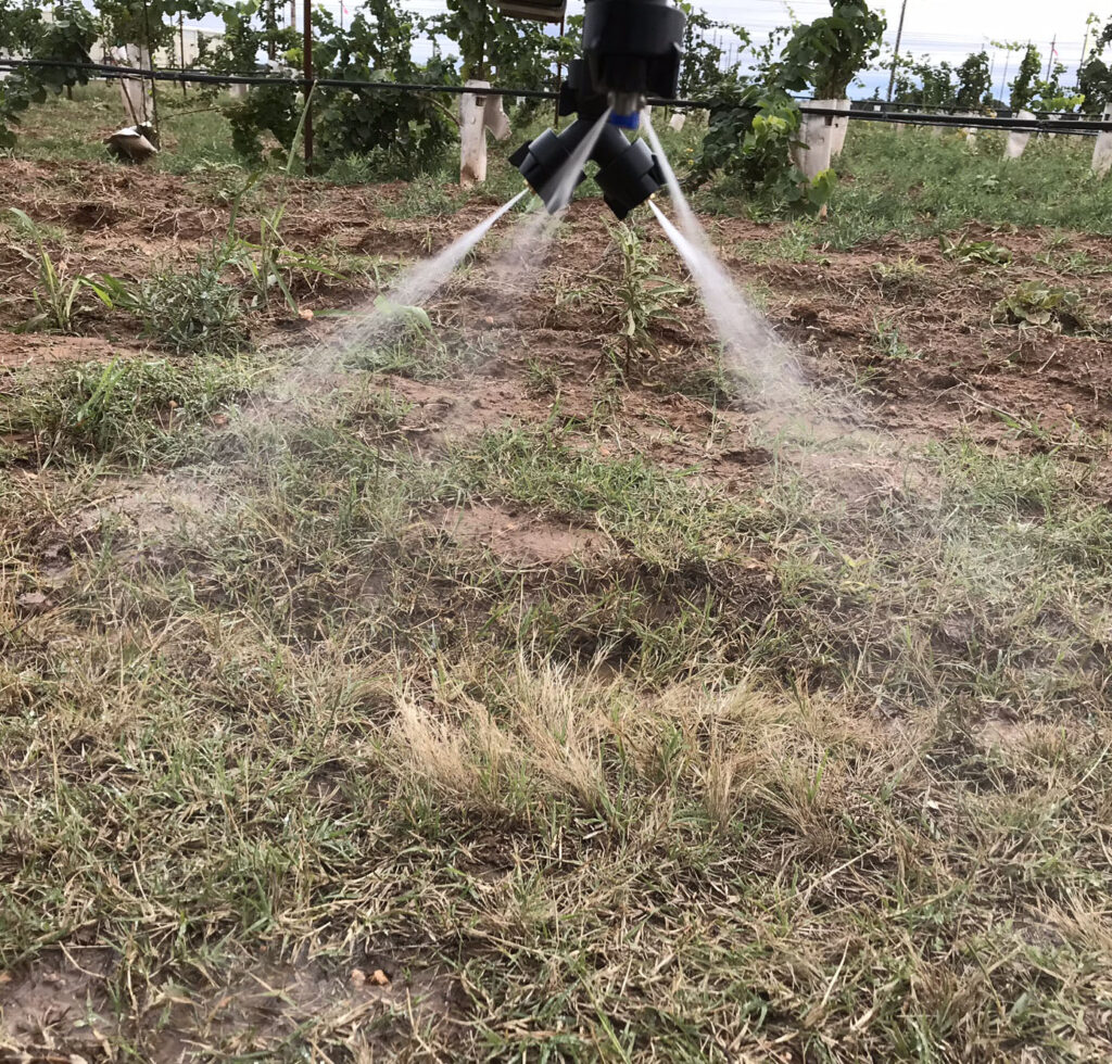 Image of double regular knozzels spraying down into vineyard