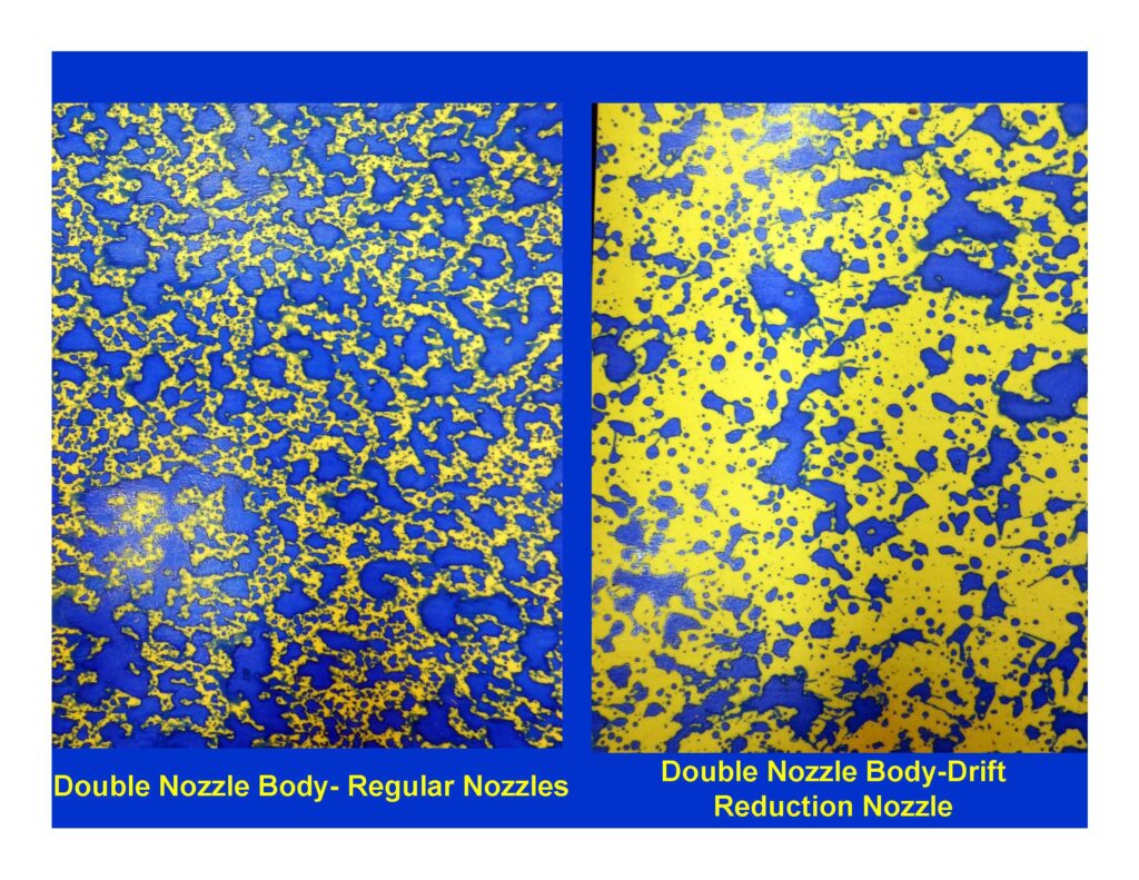 Double nozzle body regular nozzles compared to double nozzle body drift reduction nozzle   