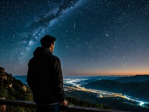 man looking at the beautiful light of the night sky with shining stars