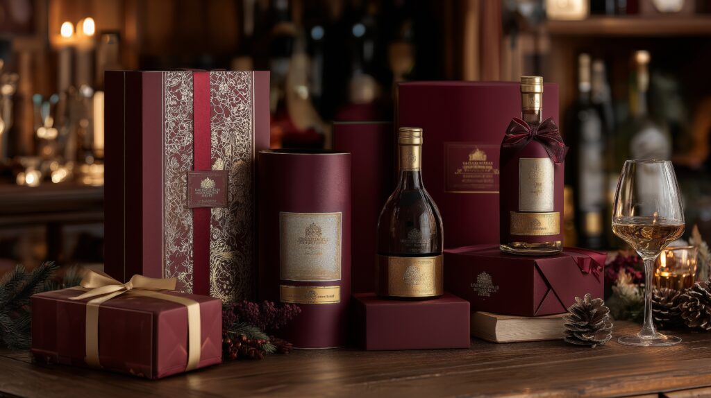 different color and sizes of boxes and wine bottles