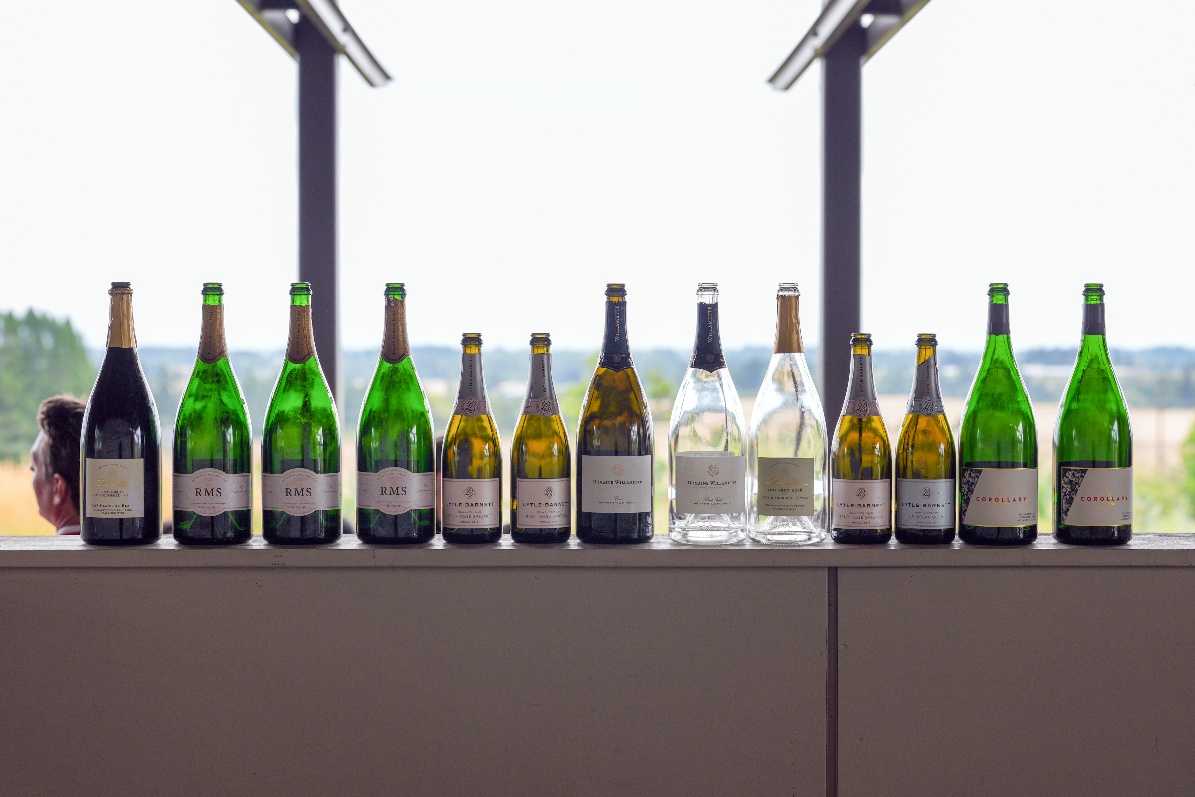 line of multiple different wine bottles containing sparkling wine