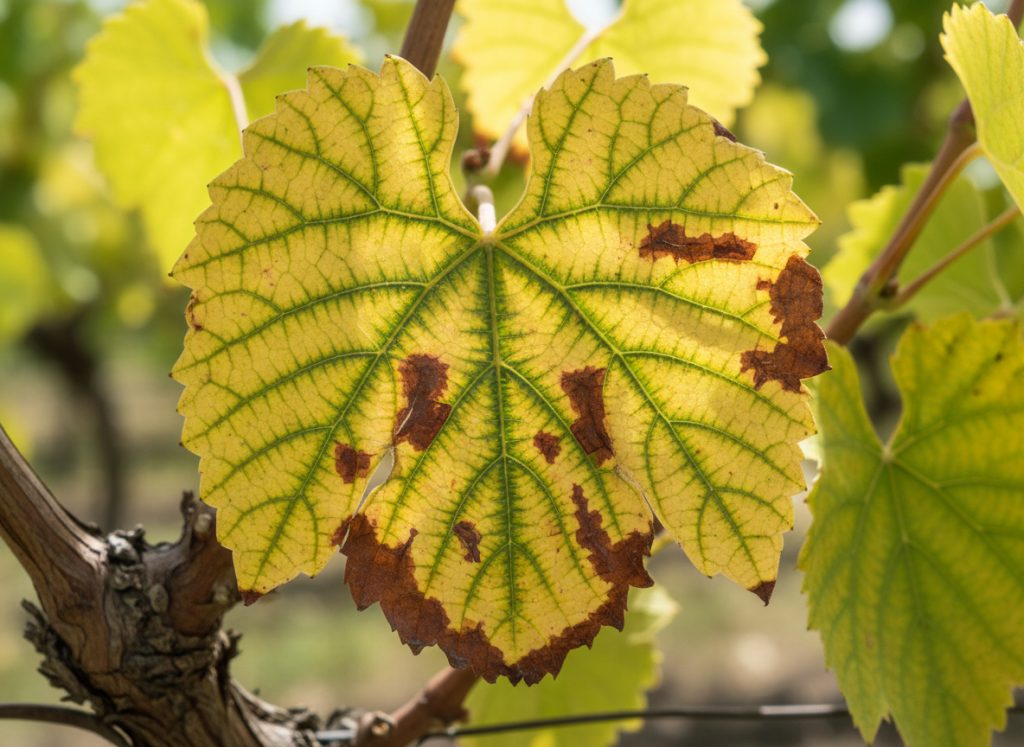 yellow vein disease on a leaf in a vineyard